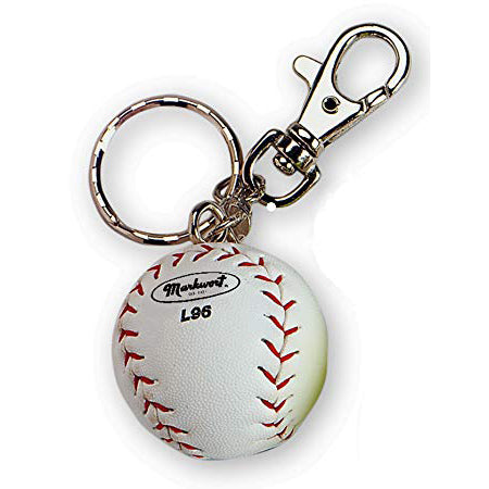 The Markwort Baseball Keychain: MIL96W features a small, realistic synthetic leather baseball with red stitching, attached to a metal split ring and lobster clasp. Brand: Markwort.