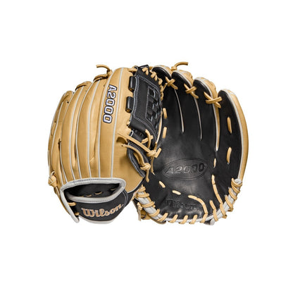 The Wilson A2000 P12 12" Fastpitch Glove (WBW10043912) by Wilson is shown open, highlighting its Pro Stock leather, black and tan design, laces, webbing, and stitching details on a white background.