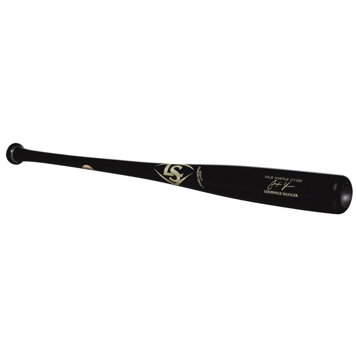 The Louisville Slugger MLB Prime Signature Series CY22 Christian Yelich Game Model (WBL2435010) is a black wooden bat with a gold logo and text near the barrel, slightly tapered handle, and rounded end.