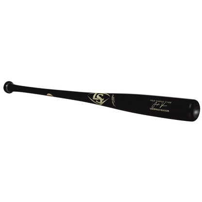 The Louisville Slugger MLB Prime Signature Series CY22 Christian Yelich Game Model (WBL2435010) is a black wooden bat with a gold logo and text near the barrel, slightly tapered handle, and rounded end.