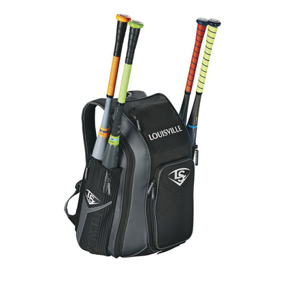 A black and gray Louisville Slugger Prime Stick Pack Backpack (WTL9902) with LOUISVILLE on the side, holds three colorful bats in its side pockets.
