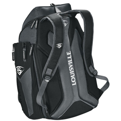 The Louisville Slugger Prime Stick Pack Backpack (WTL9902) features black and gray design, multiple zippered compartments, padded shoulder straps, and displays the Louisville Slugger logo and name prominently.