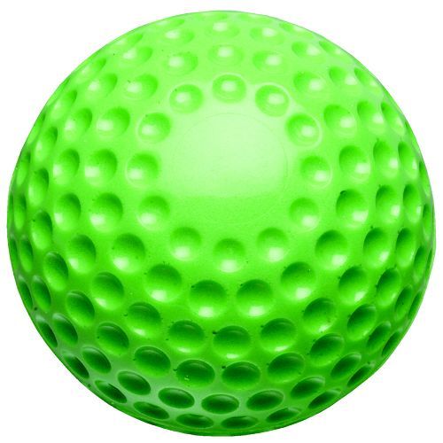 The Diamond Lightweight Foam 12" Fastpitch Softball (DFPM-12) by Diamond features a bright green, golf-ball-like dimpled surface, ideal for safe indoor practice, as pictured on a white background.