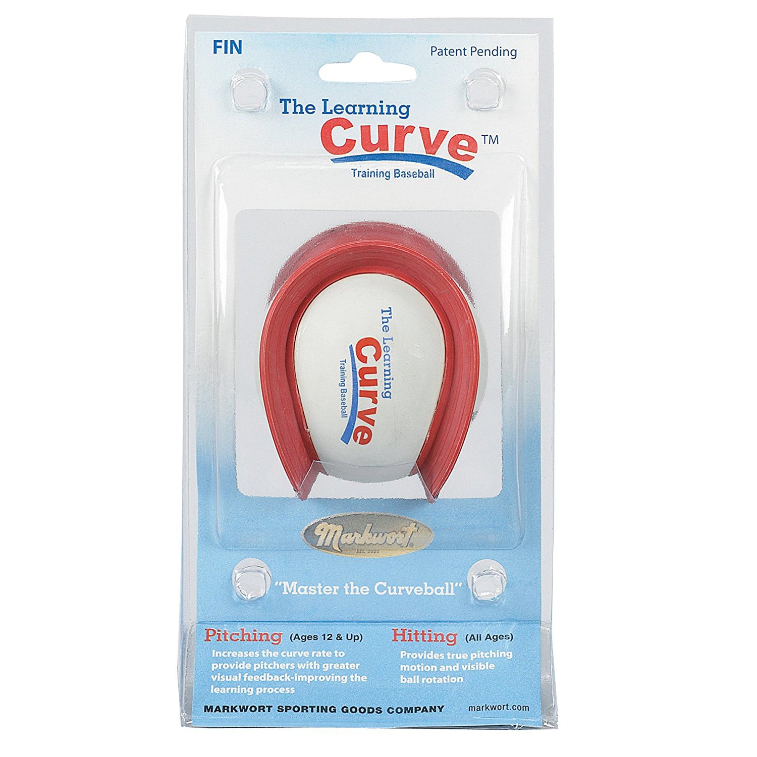 The Markwort The Learning Curve Training Baseball: FIN by Markwort features a red curved guide and packaging that promotes its use as a curveball training aid for pitching and hitting practice, with instructions to improve your curveball skills.