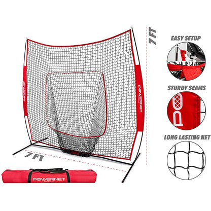 The PowerNet 7' x 7' Practice Hitting Net (1001) by PowerNet is shown assembled with a red carrying bag. Inset images showcase its easy setup, sturdy seams, and durable net—perfect for softball or baseball practice anywhere.