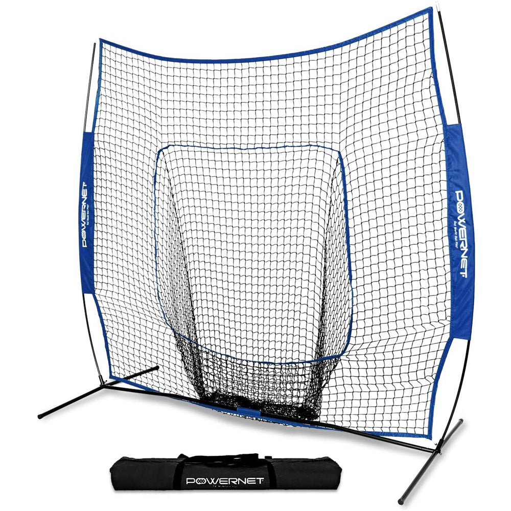 The PowerNet 7' x 7' Practice Hitting Net, supported by metal poles and blue trim with a center target area, is displayed behind its black carrying bag labeled PowerNet.