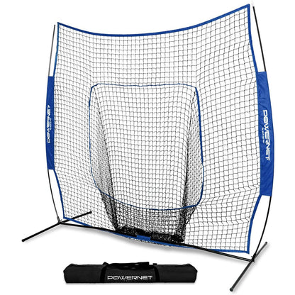 The PowerNet 7' x 7' Practice Hitting Net, supported by metal poles and blue trim with a center target area, is displayed behind its black carrying bag labeled PowerNet.