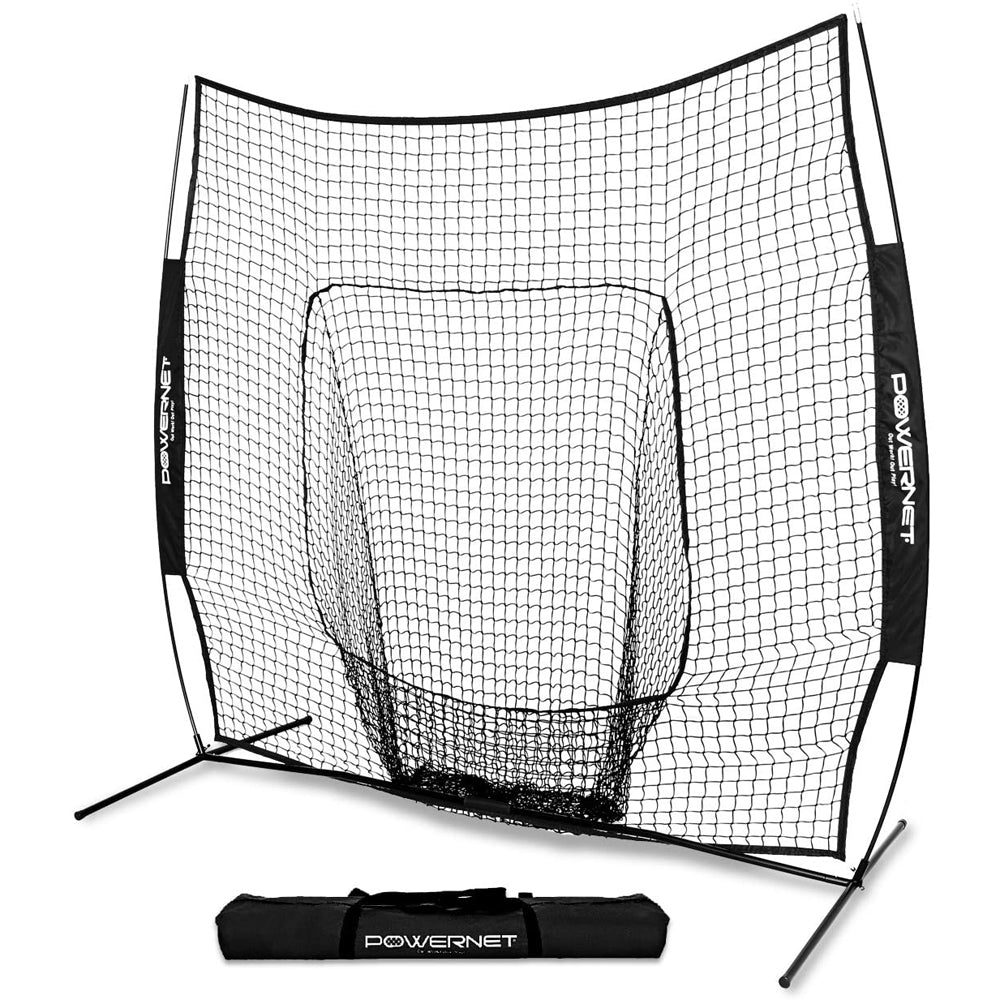 The PowerNet 7' x 7' Practice Hitting Net (1001) features a built-in target pocket, two stable legs, and includes a black carrying bag for easy transport. Ideal as a softball or baseball practice net from PowerNet.