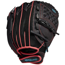 A black Wilson Flash 11.5" Fastpitch Glove (WBW100415115) with red stitching, Closed Corset Web, and blue Wilson logos on the thumb strap and webbing.