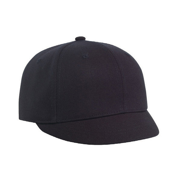 The Pacific Headwear Wool Fitted Umpire Plate Hat: 852U by Pacific Headwear features a plain black wool crown, rounded crown, curved brim, and M2 sweatband, shown on a white background.
