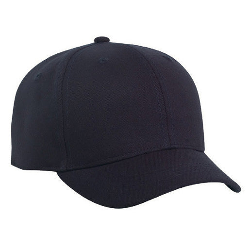 The Pacific Headwear Flex Fit Pro Wool Umpire Combo Hat (855U) is a black, mid-profile cap with a curved brim, six panels, and a top button, made from a soft wool blend by Pacific Headwear and shown against a white background.