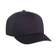 The Pacific Headwear Fitted Mesh Umpire Combo Hat 860U is a plain black baseball cap with a slightly curved brim and a textured, perforated mesh crown for enhanced breathability.