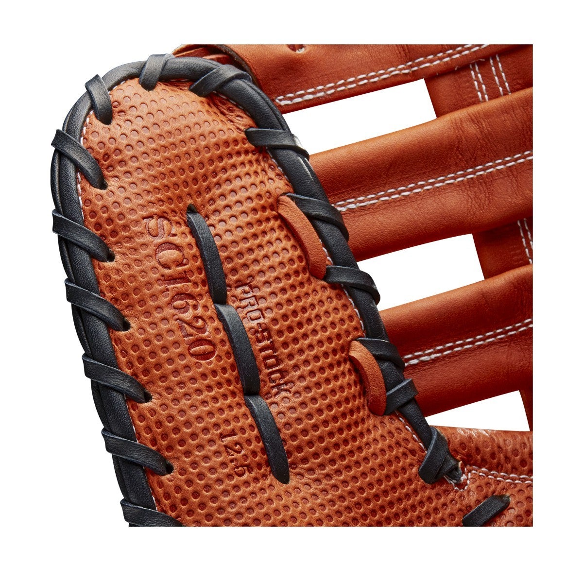 Close-up of a Wilson A2000 SC1620SS 12.5" SuperSkin first base mitt (WBW100123125) in brown leather with black lacing, highlighting its detailed texture and visible stitching, plus “SC1620” and “A Full” embossed on the palm.