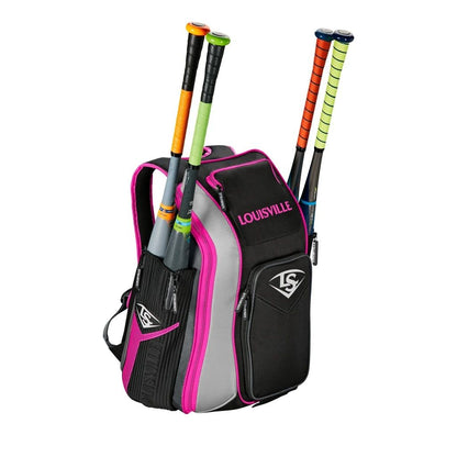 The Louisville Slugger Prime Stick Pack Backpack (WTL9902) in black, gray, and pink holds three baseball bats—yellow, green, and blue—in side pockets. It features zippered compartments and the Louisville Slugger logo.