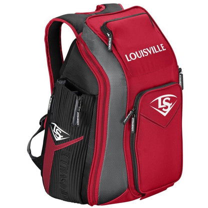 The Louisville Slugger Prime Stick Pack Backpack (WTL9902) in scarlet features multiple zippered compartments, LOUISVILLE on the top front pocket, and LS logos on the front and side.