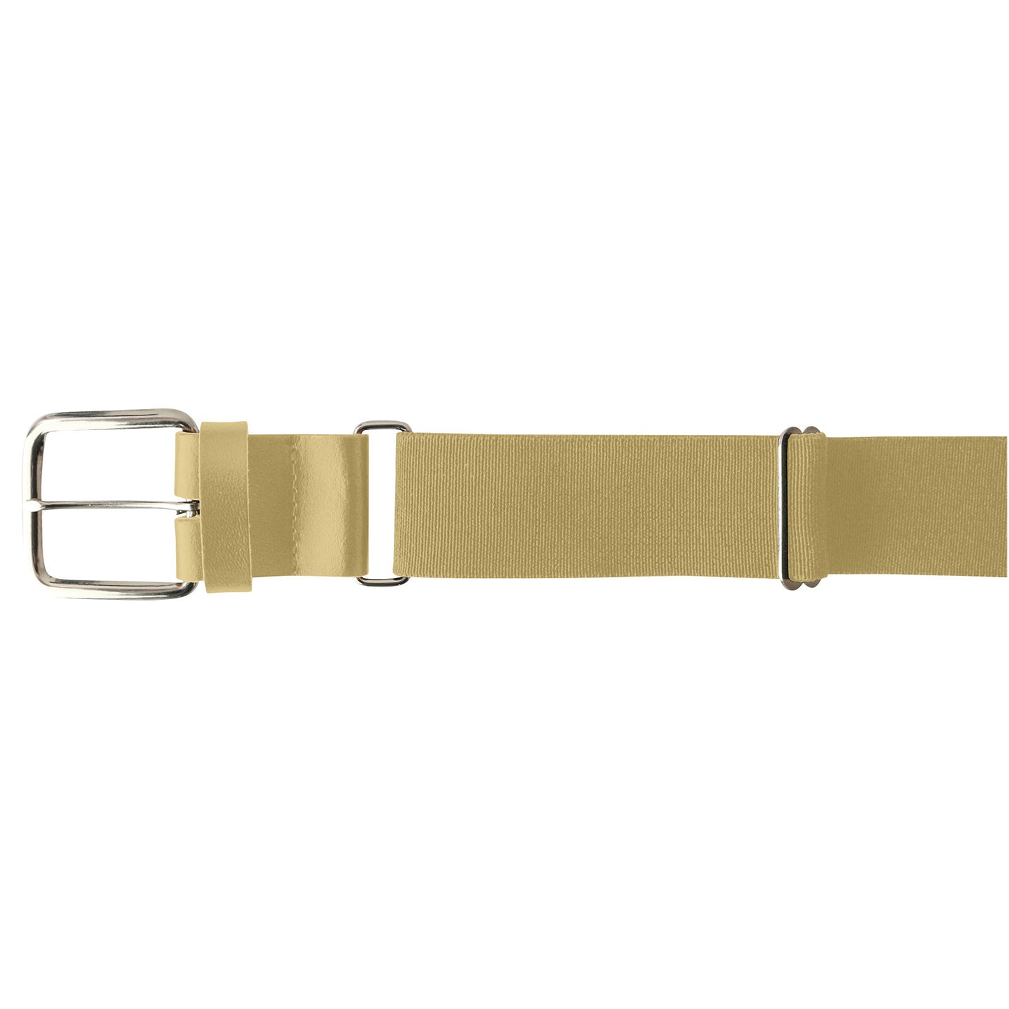 The Champro Sports MVP Baseball / Softball Belt (A062) by Champro Sports features a tan bonded leather strap, silver rectangular buckle, and two metal adjustment loops, shown laid flat on a white background.