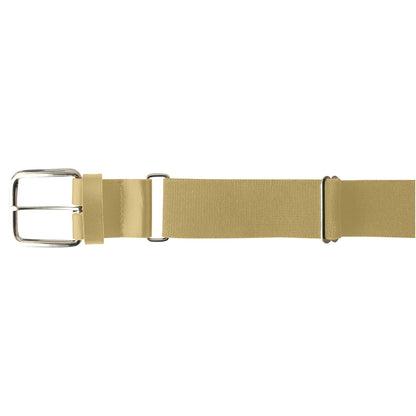 The Champro Sports MVP Baseball / Softball Belt (A062) by Champro Sports features a tan bonded leather strap, silver rectangular buckle, and two metal adjustment loops, shown laid flat on a white background.