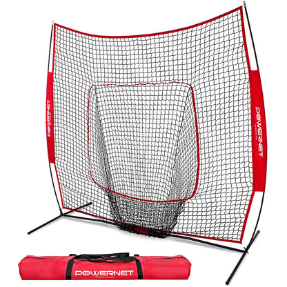 The PowerNet 7' x 7' Practice Hitting Net (1001) features a red and black design with a central target zone, sturdy metal poles, and comes with a matching red carrying bag for easy portability during baseball or softball training.