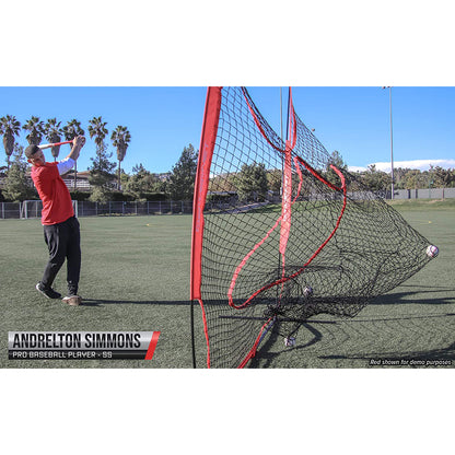 A baseball player in a red shirt and black pants bats on grass, hitting into a PowerNet 7' x 7' Practice Hitting Net by PowerNet under a clear sky. Text reads: Andrelton Simmons, Pro Baseball Player - SS.