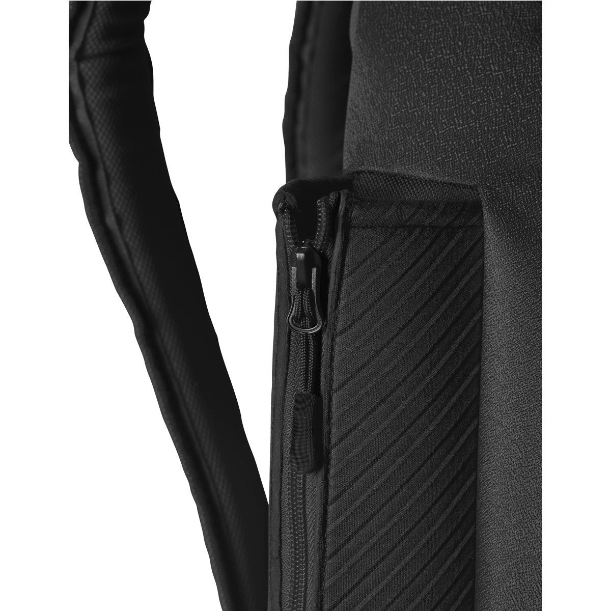 Close-up of the DeMarini Voodoo OG Backpack: WB57117, featuring black textured material, a vertical zipper with pull tab, and padded ribbed sides—ideal as a bat bag or baseball backpack.
