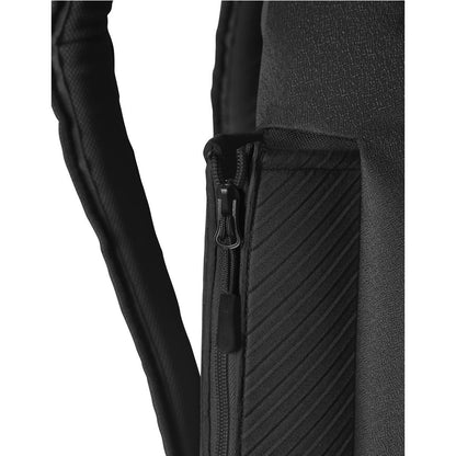 Close-up of the DeMarini Voodoo OG Backpack: WB57117, featuring black textured material, a vertical zipper with pull tab, and padded ribbed sides—ideal as a bat bag or baseball backpack.