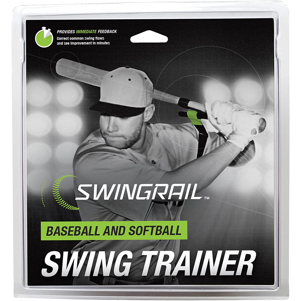 A baseball player in a cap uses the SWINGRAIL Baseball & Softball Swing Trainer to improve bat speed. Text reads: SWINGRAIL Baseball & Softball Swing Trainer. Packaging is black and green. Brand: SWINGRAIL.