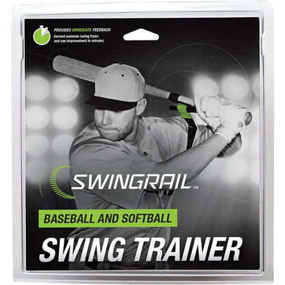 A baseball player in a cap uses the SWINGRAIL Baseball & Softball Swing Trainer to improve bat speed. Text reads: SWINGRAIL Baseball & Softball Swing Trainer. Packaging is black and green. Brand: SWINGRAIL.