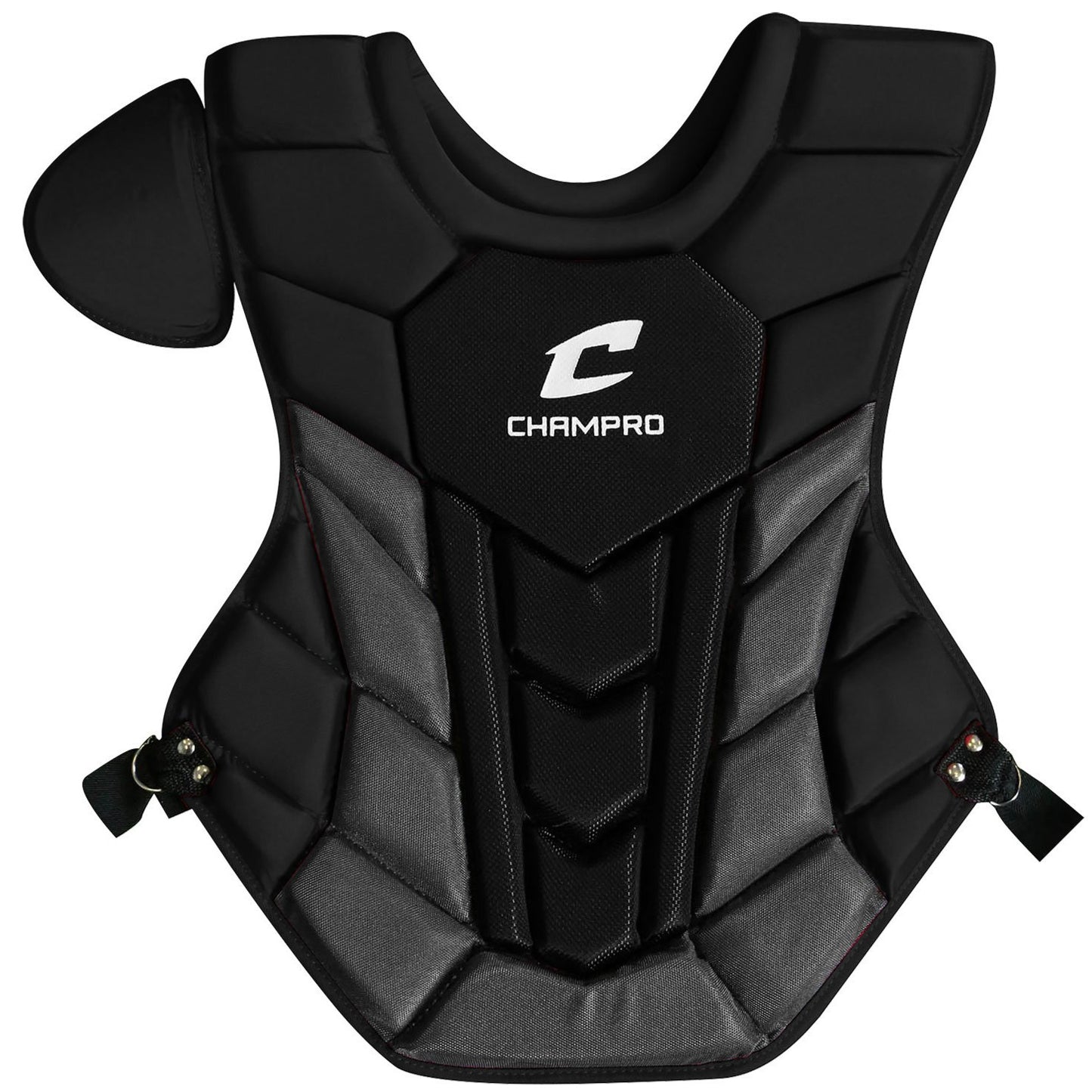 The Champro Sports Optimus Pro Plus Catcher's Chest Protector: CPN1 features black and gray padding, shoulder guard, adjustable straps, and a white Champro logo. NOCSAE certified for Commotio Cordis protection in baseball or softball.
