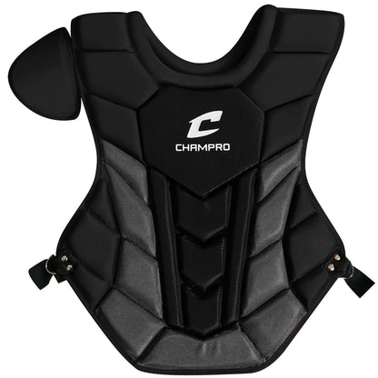 The Champro Sports Optimus Pro Plus Catcher's Chest Protector: CPN1 features black and gray padding, shoulder guard, adjustable straps, and a white Champro logo. NOCSAE certified for Commotio Cordis protection in baseball or softball.