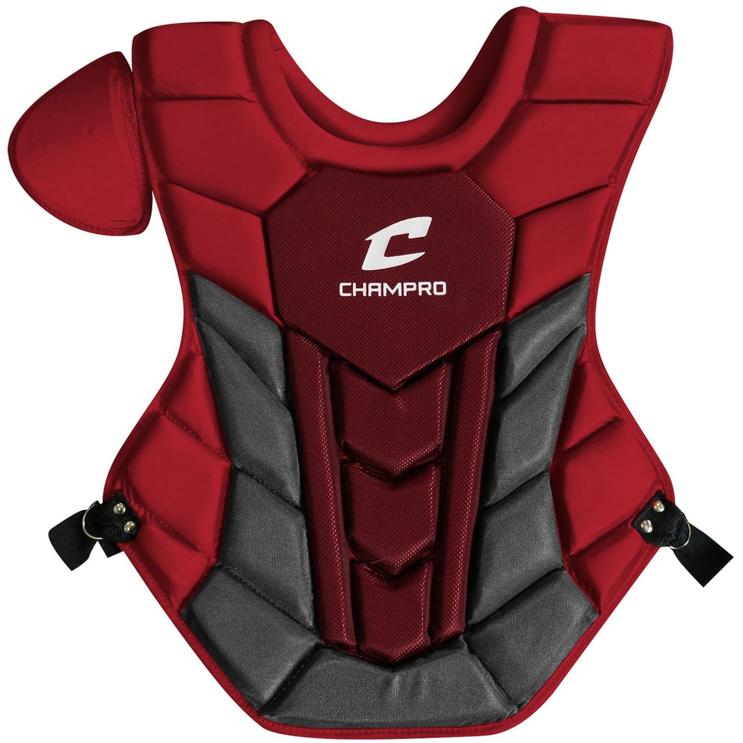 The Champro Sports Optimus Pro Plus Catcher's Chest Protector (CPN1) features red and black padding, one shoulder pad, adjustable side straps, and a white Champro logo. Its moisture-wicking fabric ensures comfort during play.