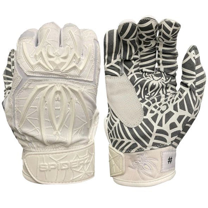 The Spiderz HYBRID Adult Batting Gloves feature a white design with black web patterns on the palm, a raised spider logo on the back, and "SPIDER" on the wrist strap for top grip and pro-level quality. Brand: Spiderz.