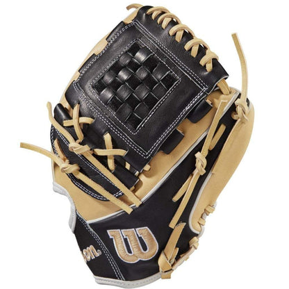 The Wilson A2000 P12 12" Fastpitch Glove (WBW10043912) features a tan and black design with woven webbing, tan laces, and a white/gold embroidered logo. Made from durable Pro Stock leather for lasting performance.
