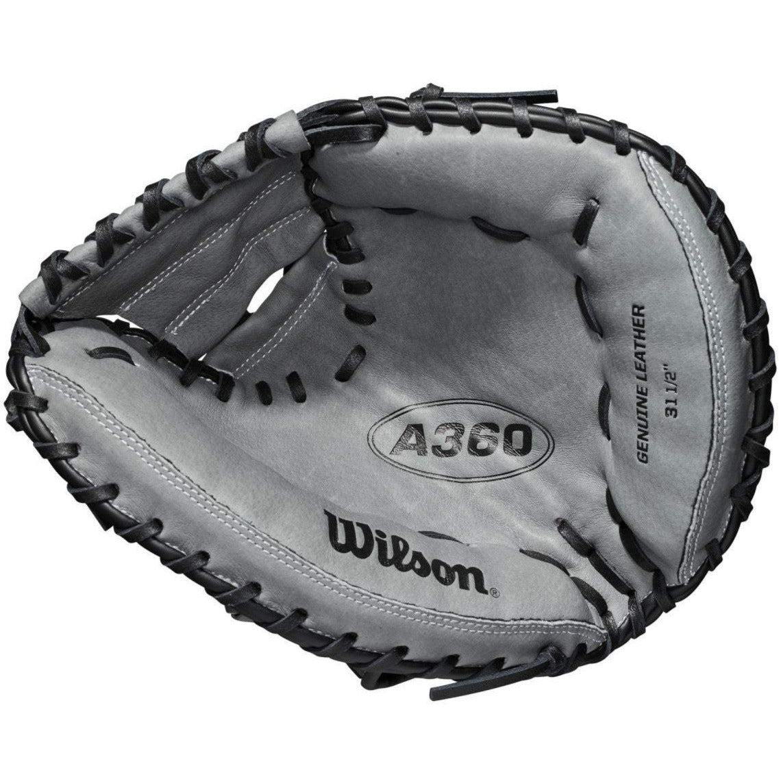 The Wilson A360 31.5" Baseball Catcher's Mitt (WBW100190315) by Wilson features a gray design with black laces, marked Genuine Leather. The youth glove is shown open and upward, emphasizing its crafted interior details.