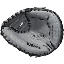 The Wilson A360 31.5" Baseball Catcher's Mitt (WBW100190315) by Wilson features a gray design with black laces, marked Genuine Leather. The youth glove is shown open and upward, emphasizing its crafted interior details.
