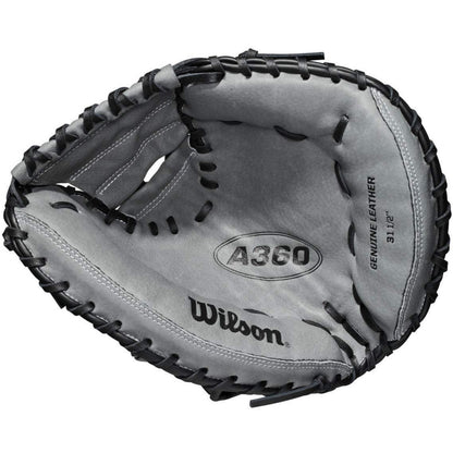 The Wilson A360 31.5" Baseball Catcher's Mitt (WBW100190315) by Wilson features a gray design with black laces, marked Genuine Leather. The youth glove is shown open and upward, emphasizing its crafted interior details.