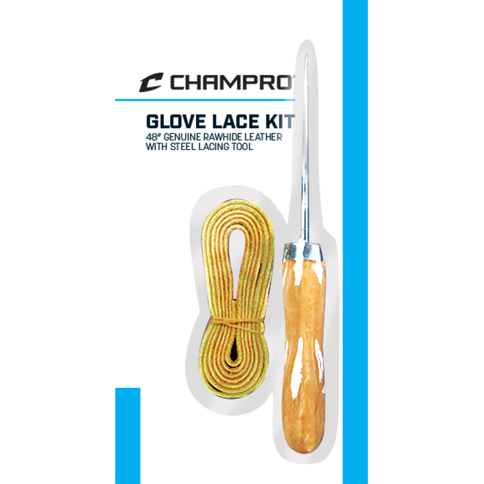 The Champro Sports Glove Relacing Kit: A010 includes a coiled genuine tan rawhide lace and sturdy steel lacing tool with wooden handle. Packaging reads: 48" genuine rawhide lace with steel lacing tool.