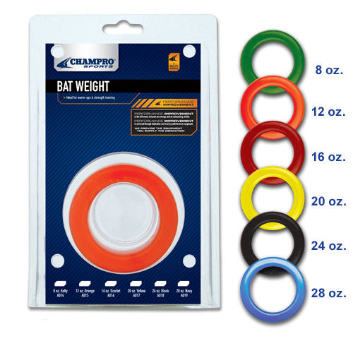Champro Sports Bat Weights (A014-A019) packaging displays a red training bat weight centrally and five color-coded weights (green, yellow, blue, black, red) labeled 8–28 oz.—ideal for warm-ups and building stronger swings.