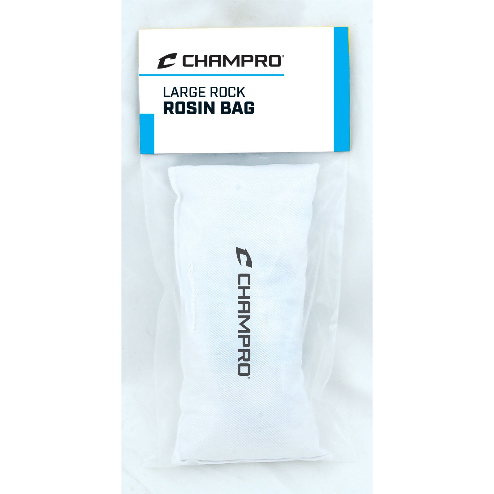 The Champro Sports Large Rock Rosin Bag (A020R) comes in clear packaging with a blue and white label, featuring white fabric and the black Champro logo—ideal for improving grip on your bat or glove.