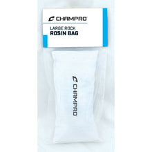 The Champro Sports Large Rock Rosin Bag (A020R) comes in clear packaging with a blue and white label, featuring white fabric and the black Champro logo—ideal for improving grip on your bat or glove.