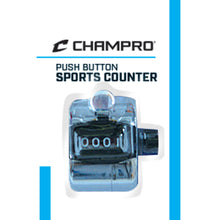 A Champro Sports Pitch / Sports Counter: A021 featuring a four-digit black display reading 0001 is shown on a white background with blue accents. The Champro Sports logo and “Push Button Sports Counter” appear above the counter.