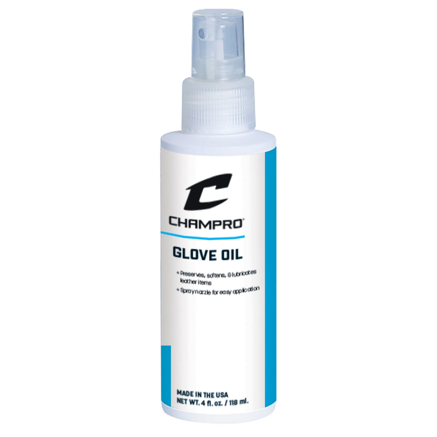 Champro Sports Champro Leather Glove Oil Spray: A028 is a 4 fl. oz. (118 ml) white spray bottle with blue accents, designed to condition, preserve, soften, and care for leather items. Features a spray nozzle for easy application.
