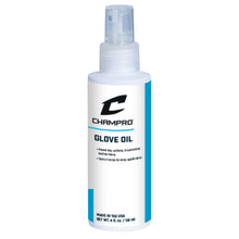 Champro Sports Champro Leather Glove Oil Spray: A028 is a 4 fl. oz. (118 ml) white spray bottle with blue accents, designed to condition, preserve, soften, and care for leather items. Features a spray nozzle for easy application.