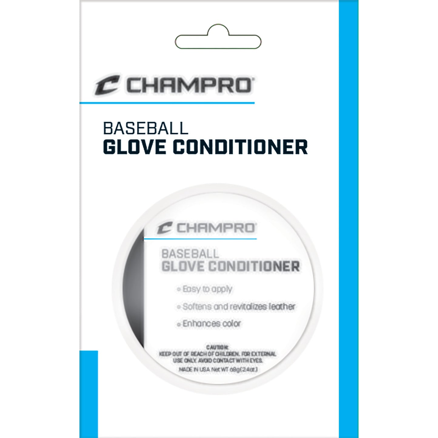Champro Sports Leather Glove Conditioner (A029) comes in sleek white and blue packaging. It features easy application, cleans gloves, softens leather, and revitalizes color for enhanced glove appearance.