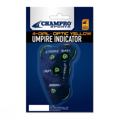 The Champro Sports 4 Dial Umpire Indicator (A042) has optic yellow dials for strikes, balls, outs, and innings in a clear case with bold blue and yellow Champro Sports branding.