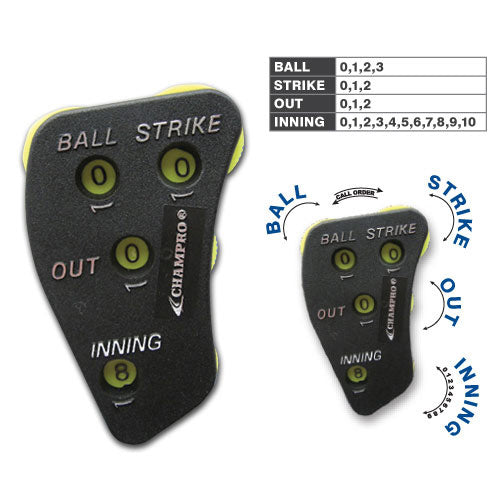 The Champro Sports 4 Dial Umpire Indicator (A048) features optic yellow dials for easy visibility, showing balls (0–3), strikes (0–2), outs (0–2), and innings (0–9); includes a range chart and Champro Sports branding.