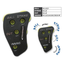 The Champro Sports 4 Dial Umpire Indicator (A048) features optic yellow dials for easy visibility, showing balls (0–3), strikes (0–2), outs (0–2), and innings (0–9); includes a range chart and Champro Sports branding.