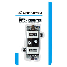 The Champro Sports Dual Pitch / Sports Counter (A050) tracks two pitchers with quick-reset dials labeled 1 and 2. Packaged in blue-accented wrap featuring: DUAL PITCH COUNTER TRACKS TWO PITCHES AT ONCE!.