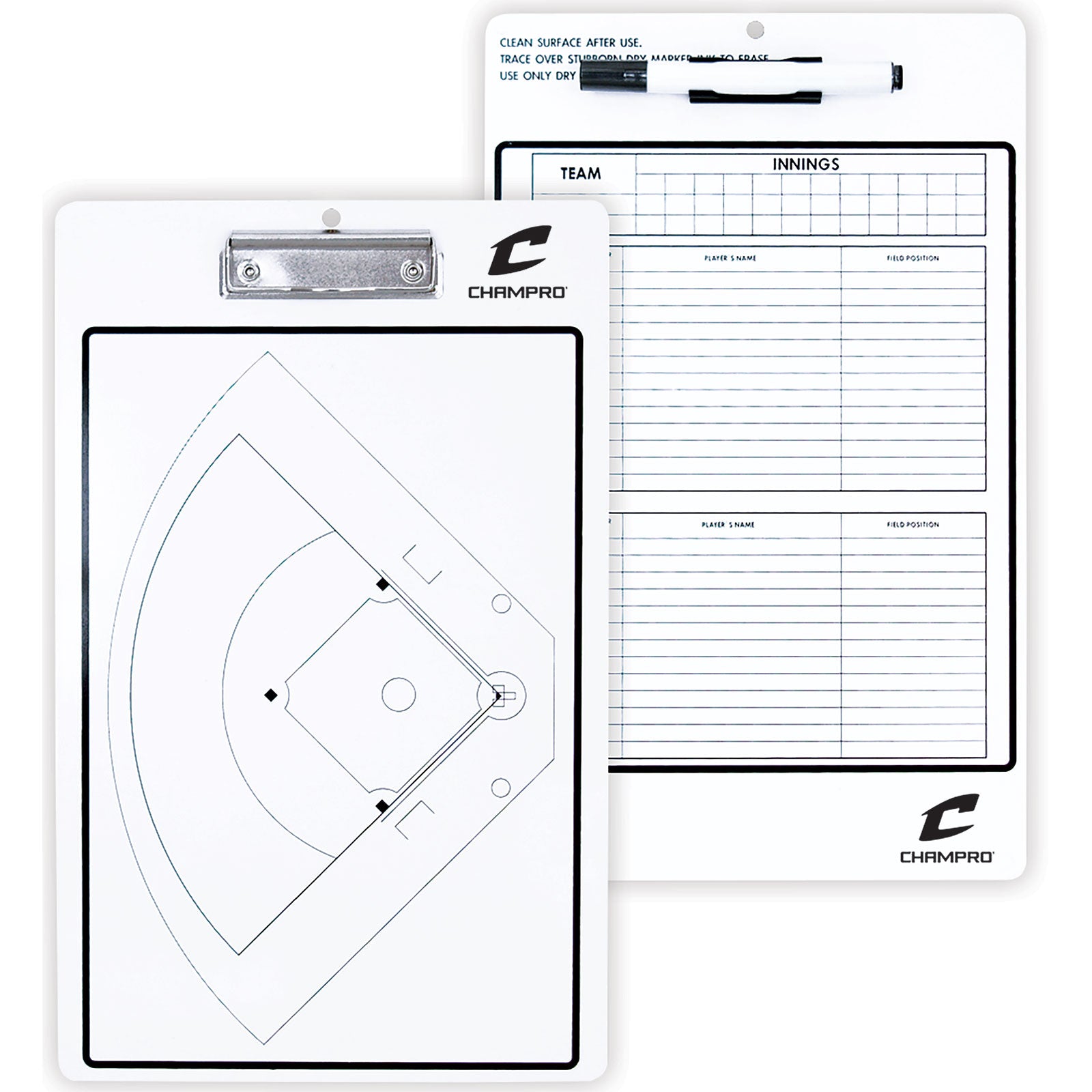The Champro Sports Coaches Dry Erase Clip Board (A091) offers a full field layout and pen, perfect for strategizing. Its two-sided design doubles as a dry erase board for quick notes or diagrams.