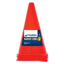 The Champro Sports Training Cones (Set of 4): A130 are bright orange cones marked with a blue and white label, ideal for marking boundaries in sports drills and training sessions.