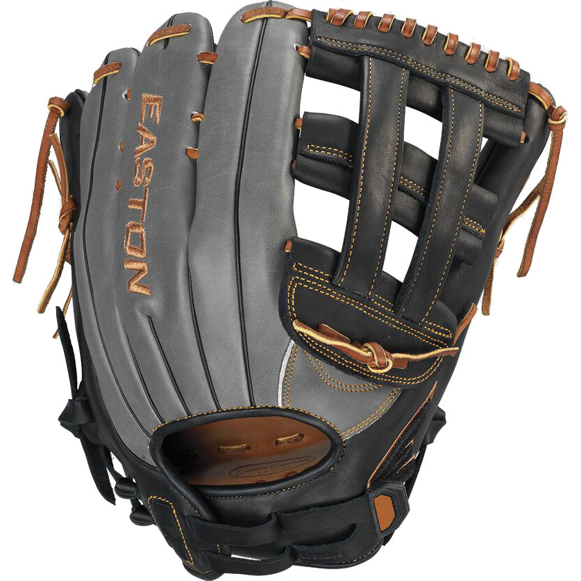 The Easton Professional Collection 13" Slowpitch Glove (PCSP13) features a black and gray design with tan laces and stitching, made from premium steerhide leather, and has Easton embroidered in orange on the back.